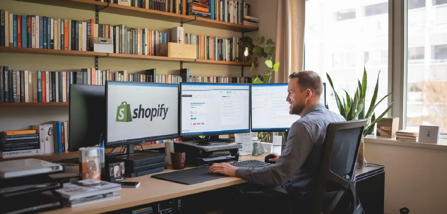 Ein Bannerbild mit dem Text "We are a business partner of Shopify" in einem professionellen Design.