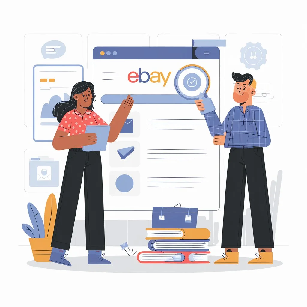 Eine grafische Übersicht zu den wesentlichen Komponenten von eBay SEO: Keyword-Recherche, Produkttitel, Beschreibung und visuelle Inhalte.