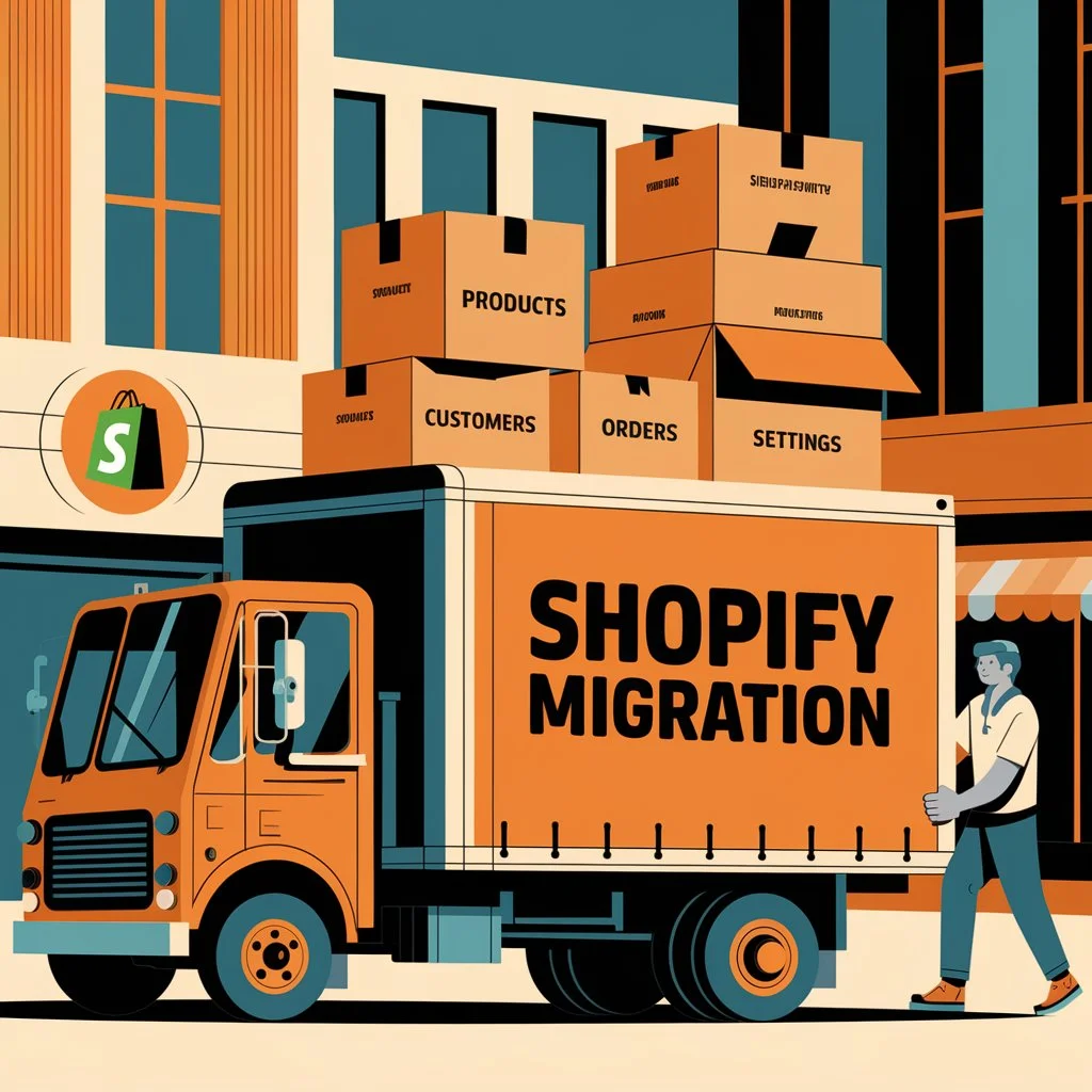 Ein Bild, das die Migration von einer anderen Shop-Plattform zu Shopify präsentiert.