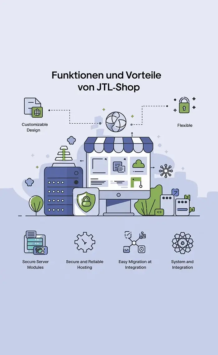 Funktionen und Vorteile von JTL-Shop – Individuelle Gestaltung, flexible Plugins, sicheres Hosting und einfache Migration.